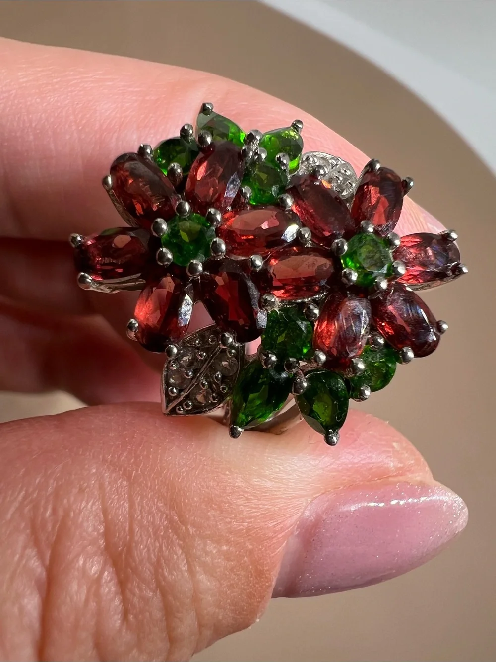 Floral Cluster Ring with Red and Green Gemstones in Sterling Silver